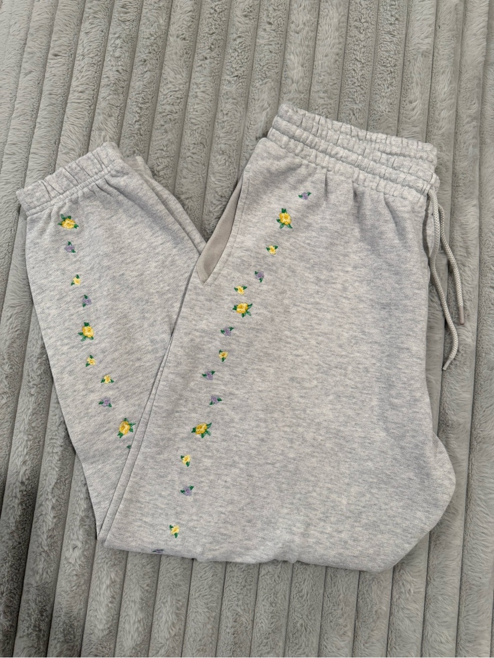 PINK Victoria's Secret Gray Sweatpants with Yellow & Purple Floral Embroidery